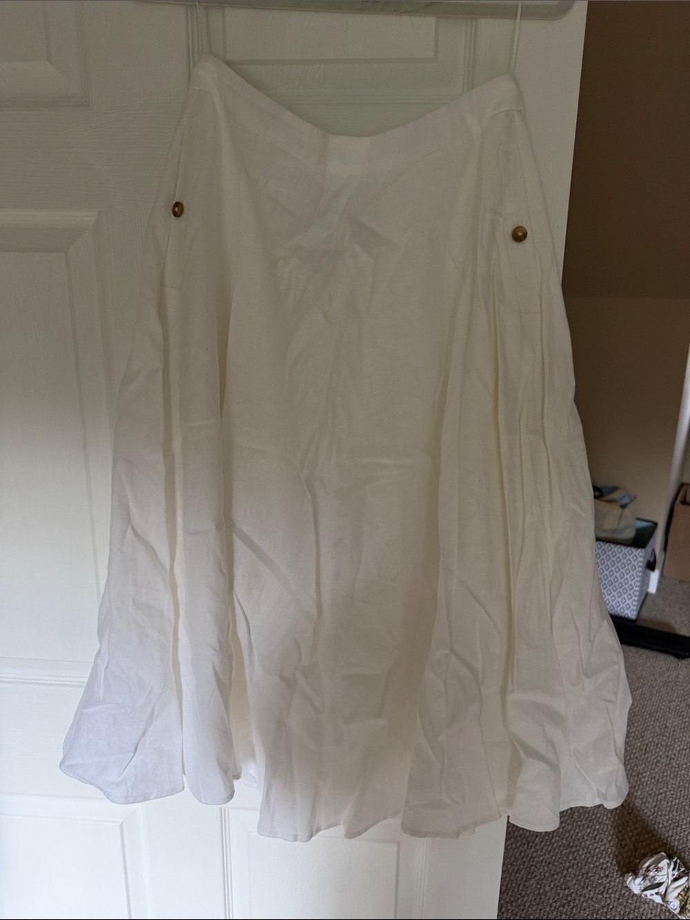 Reformation White A-Line Midi Skirt with Button Accents